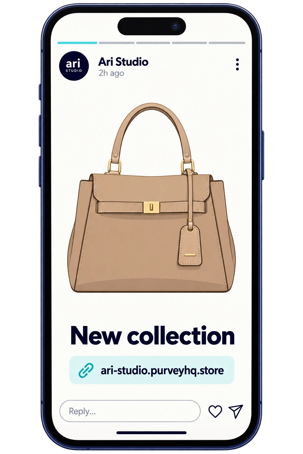 Illustrated iPhone showing Àrí Studio’s Status post with an everyday bag and the store link ari-studio.purveyhq.store.